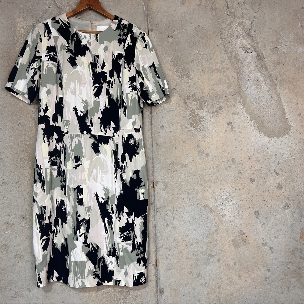 Boss ivory black sage green abstract print short sleeve knee length dress 8
